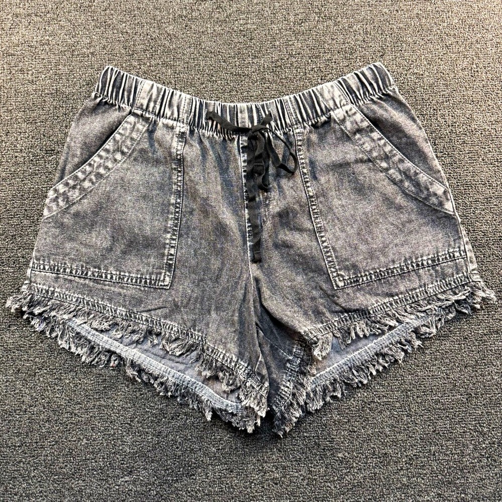 Gray Denim Raw Hem Shorts Womens L Elastic Waist Drawstring Fringe Pockets